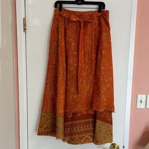 Orange and Brown Floral Reversible Silk Wrap Skirt